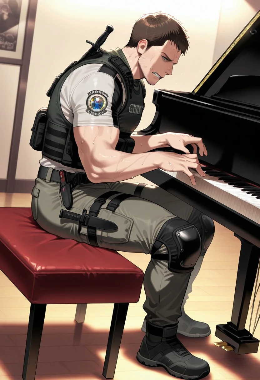 1boy, solo, (Chris Redfield), resident evil, knee pads, bulletproof vest, clenched teeth, sweat, knife, sheathed, girl and piano, (playing instrument), instrument, piano, sitting, grand piano, bare hands, masterpiece, best quality, amazing quality,