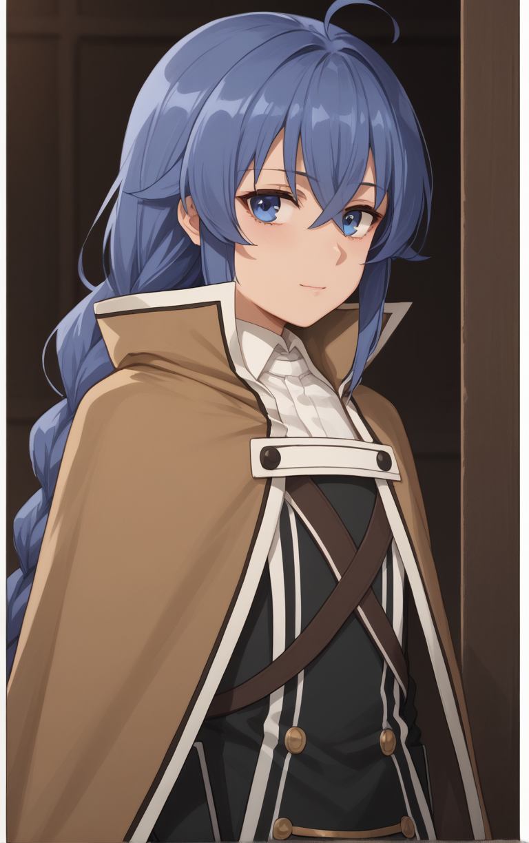 score_9, score_8_up, score_7_up, BREAK
Capelet_RoxyMigurdia_ownwaifu, 
1girl, blue eyes, blue hair, brown capelet, capelet, roxy migurdia, white dress, long hair, hair between eyes, braid, twin braids, brown cape, crossed bangs, long sleeves, bangs, black skirt, white shirt, dress, collared shirt, shirt, cloak,
(portrait, head tilt, looking at viewer), straight-on,  white border, bokeh, <lora:PONYXL_MushokuTensei_RoxyMigurdia_ownwaifu:0.8>, solo,