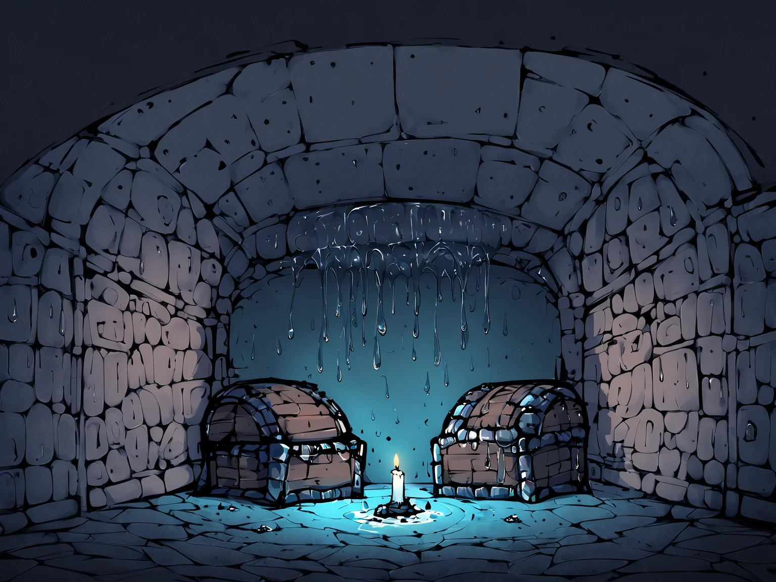 small (mimic:1.1) in a low lit room, large dungeon in background, solo, wide shot, {water droplet dripping down from above|damp and cold color palette|candle illuminating walls}, 
<lora:Mimic_ani3.1_XL:1>