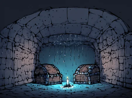 small (mimic:1.1) in a low lit room, large dungeon in background, solo, wide shot, {water droplet dripping down from above|damp and cold color palette|candle illuminating walls}, 
<lora:Mimic_ani3.1_XL:1>