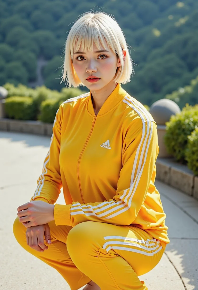 A photo in aestheticphotographyjp style,photorealistic, captured with a Fujifilm X100VI (f/2.8, 120mm),highly detailed,white hair,short hair, sharp bob haircut and delicate fringe elegant sophistry, digital illustration in a realistic fantasy style,  Every note she sang was a thread, weaving a tapestry of forgotten futures, Adidas, wearing a full tracksuit in  [yellow]. The tracksuit features a zip-up jacket with a high collar and matching pants. Adidas Logo Both pieces have three white stripes running down the sleeves and along the sides of the pants, a signature design element. The Adidas logo appears on the left side of the jacket, represented in white.,squatting