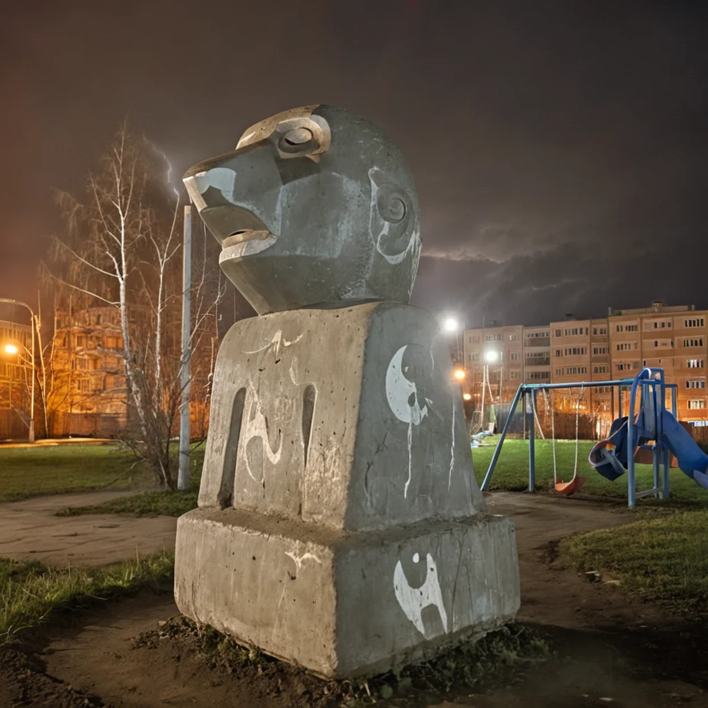 old concrete sculpture on kids playgroundin russian suburbs, night shot, stark lightning <lora:dark slav suburbs_v0.0.1-15:0.8>