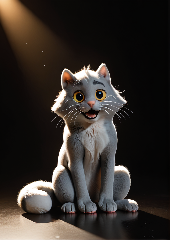 score_9, score_8_up, score_7_up, score_6_up, score_5_up, <lora:Sydney_the_Song_Cat:1> sydney, grey cat, feral, no humans, animal focus, looking at viewer, yellow sclera, BREAK sitting down, operatic pose, arm extended, singing, full body, (sassy expression, half-lidded eyes), head tilt, sassy, BREAK highly detailed paws, highly detailed fur, realistic fur, realistic lighting, soft lighting, BREAK, masterpiece, high detail, hires, 4k, 8k, 16k, best quality,