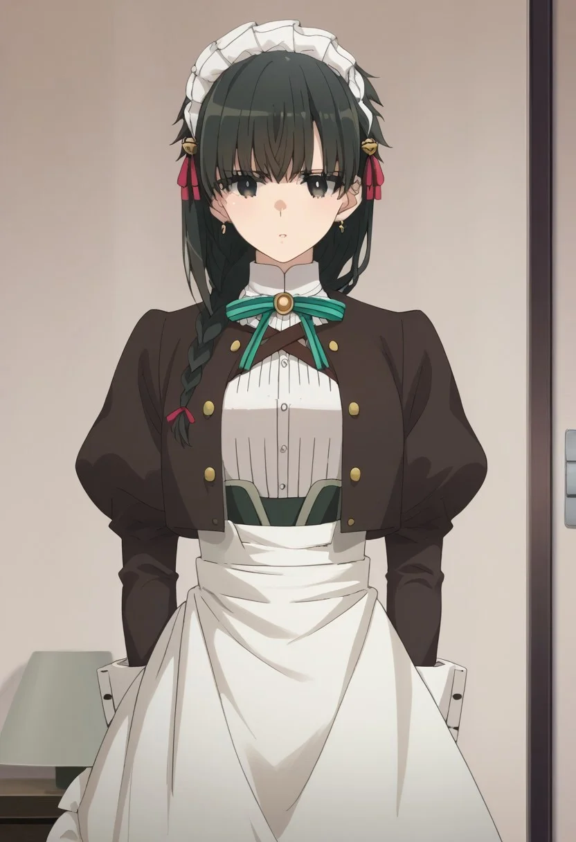 score_9, score_7_up, source_anime,
yokoya, 1girl, solo, black eyes, black hair, braid, maid headress, jewelry, earrings, maid, shirt, white shirt, ribbon, neck ribbon, jacket, black jacket, long sleeves, gloves, white gloves, skirt, black shirt, apron, white apron, maid apron,
indoor,