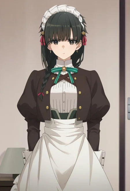 score_9, score_7_up, source_anime,
yokoya, 1girl, solo, black eyes, black hair, braid, maid headress, jewelry, earrings, maid, shirt, white shirt, ribbon, neck ribbon, jacket, black jacket, long sleeves, gloves, white gloves, skirt, black shirt, apron, white apron, maid apron,
indoor,