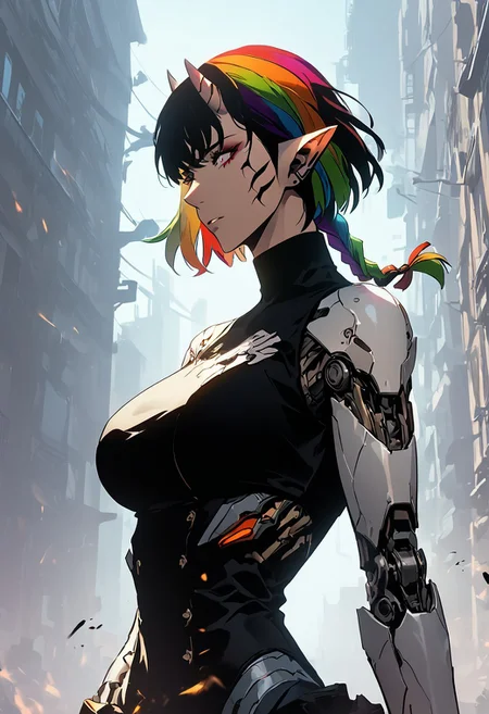 score_9, score_8_up, score_8, female, cel-shading, backlit, delicate features, short hair, (braided hair), black hair, upper body, from waist up, big breasts, horns,  techwear, cyborg, pointy elf ears, rainbow hair, short hair, black background, techwear, LFB, street in background,