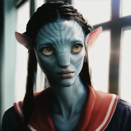 Neytiriblueskinbabe, 1girl, neutral, school uniform, classroom, chalkboard, window (Photorealistic:1.2)
