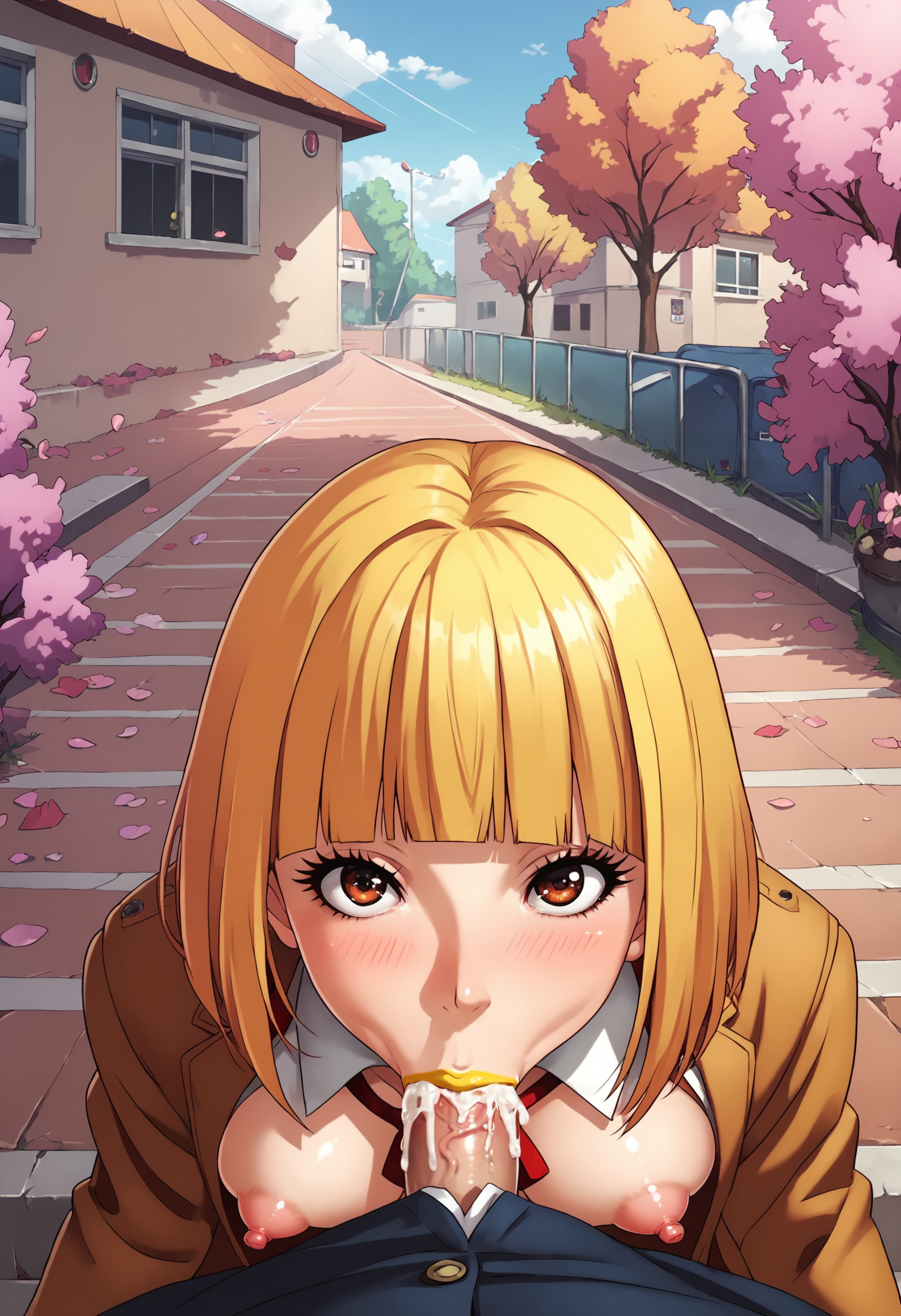 (score_9,score_8_up,score_7_up),(anime:1.2), looking at viewer, (contrasting colors, bright colors:1.1), 1girl, (Hana_Midorikawa:1.2) , smile, school uniform, blunt bangs, yellow lipstick, eyelashes,  (blowjob, large areolas, puffy nipples:1.2), white cum, (outside school, detailed background:1.2),    <lora:Hana_Midorikawa_v10:1>
