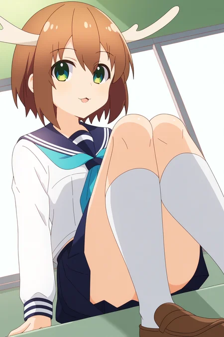 1girl, solo, <lora:Shikanoko Noko _ Pony _ v1:1>, antlers, brown hair, short hair, green eyes,
blue sailor collar, neckerchief, white shirt, school uniform, long sleeves, pleated skirt, blue skirt, kneehighs, white socks, loafers,
looking at viewer, sitting, from below, dutch angle,