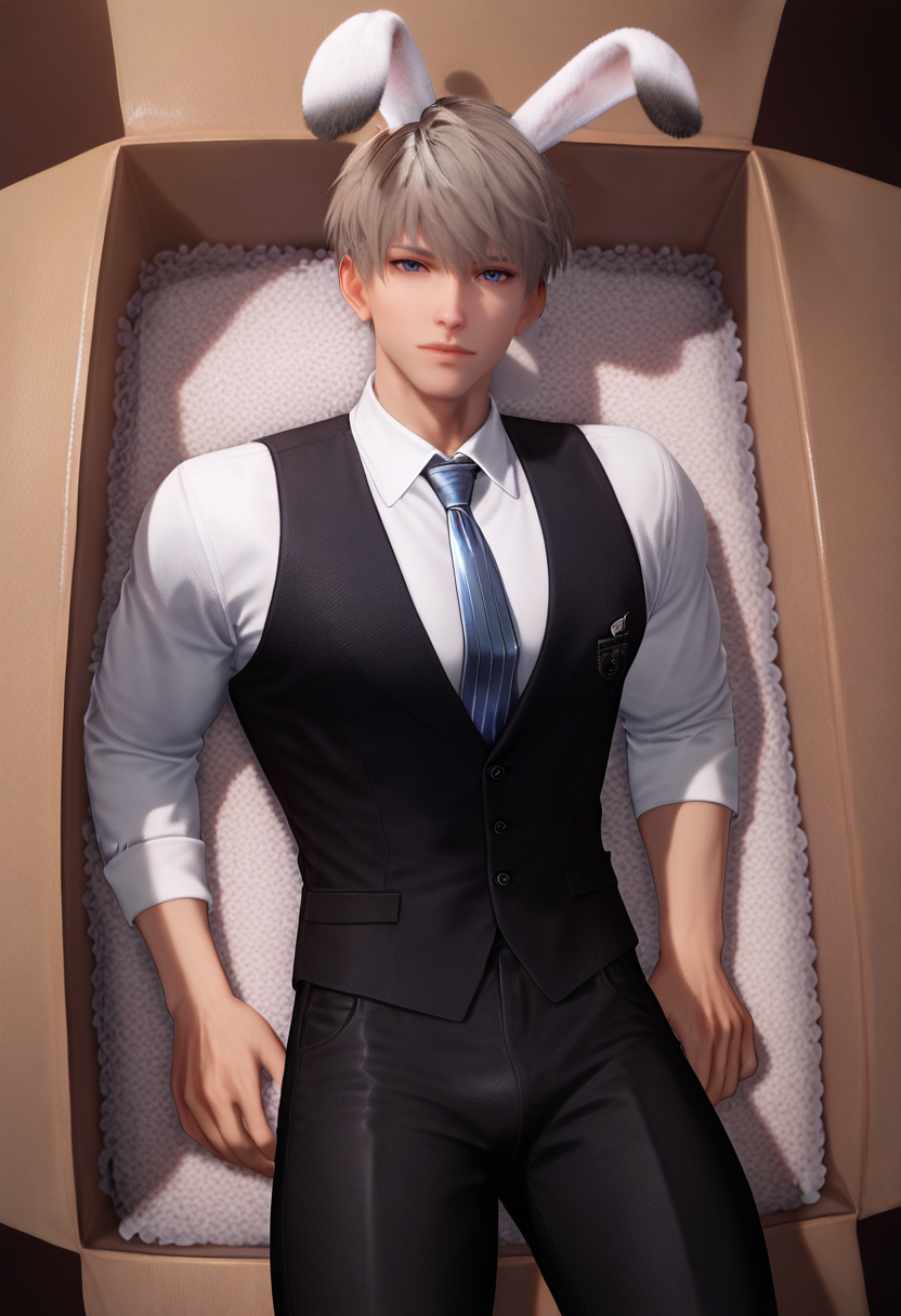 score_9,score_8_up,score_7_up,1boy,solo,yaoi,bara,male focus,fairly nsfw,uncersored,highres,best quality,amazing quality,best aesthetic,absurdres,<lora:add-detail-xl:1>,<lora:Expressive_H:1>,Expressiveh,male focus,<lora:xavier_r1:0.7>,xavier,short hair,blue eyes,grey hair,animal ears,rabbit ears,necktie,looking at viewer,black vest,rabbit boy,white shirt,collared shirt,blue necktie,black pants,christmas,gift,<lora:Your shipment have arrived (pony) v1:0.7>,insidebox,cardboard box,lying,in box,in container,cowboy shot, thighs,
