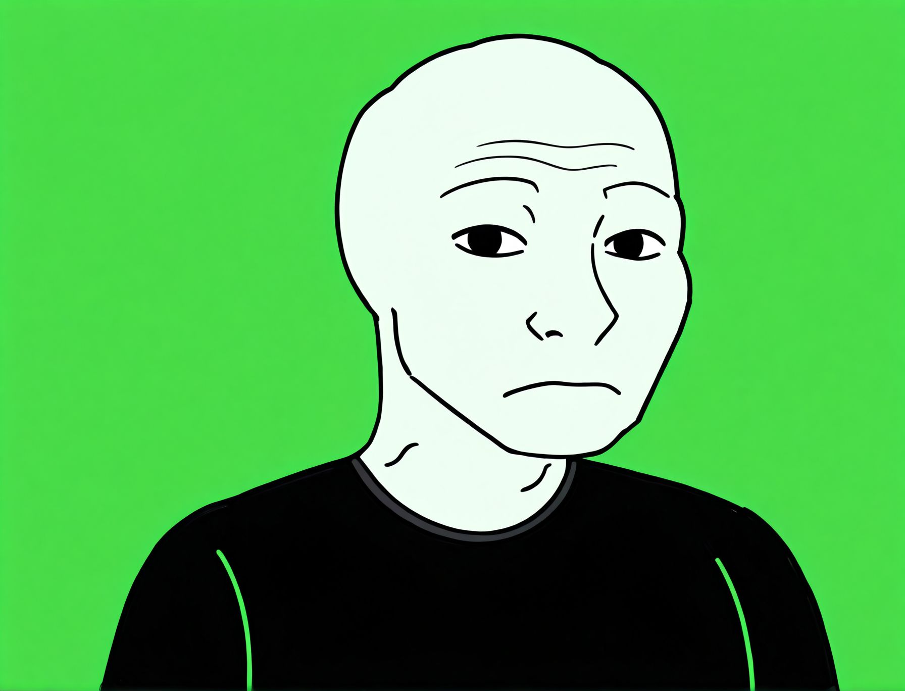 toon \(style\), 2d,
<lora:Wojak_style:1.1>Wojak style,
solo,1boy,male focus
simple background,
shirt,black shirt,closed mouth,
looking at viewer,green theme,
wojak style,Wojak,bald,