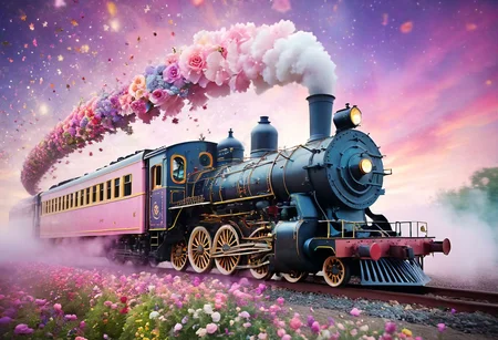 Train made from vibrant flowers, petals, vines, locomotive, steam engine, star-filled sky, whimsical, magical, swirling stardust, soft focus, pastel colors, hazy lighting, fairytale