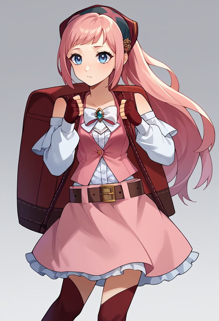 score_9, score_8_up, score_7_up, source_anime BREAK 1girl, <lora:ett-artist-richy-v1_xl:1> <lora:felicia-fe-richy-v1_xl:1> feliciapicnic, pink hair, ponytail, blue eyes, bandana, bow, sleeveless, detached sleeves, belt, skirt, red thighhighs, fingerless gloves, backpack
