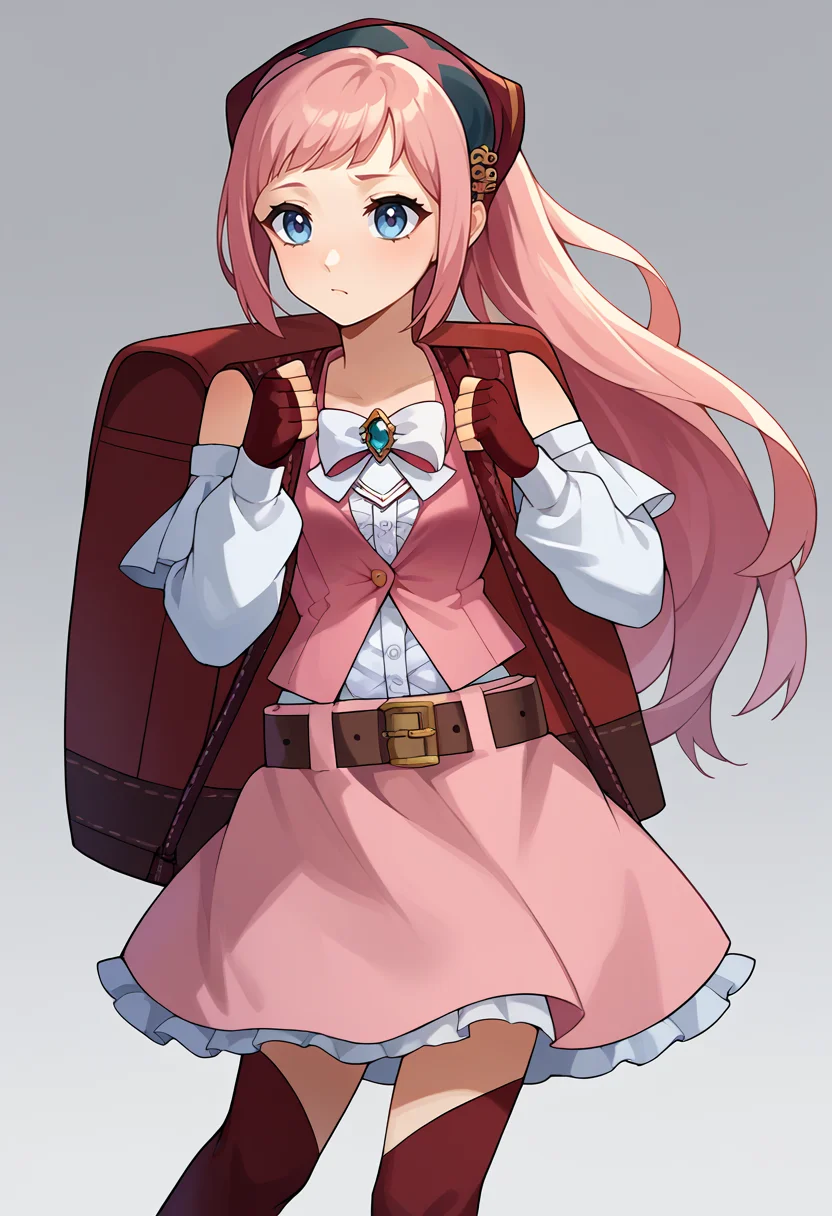score_9, score_8_up, score_7_up, source_anime BREAK 1girl, <lora:ett-artist-richy-v1_xl:1> <lora:felicia-fe-richy-v1_xl:1> feliciapicnic, pink hair, ponytail, blue eyes, bandana, bow, sleeveless, detached sleeves, belt, skirt, red thighhighs, fingerless gloves, backpack