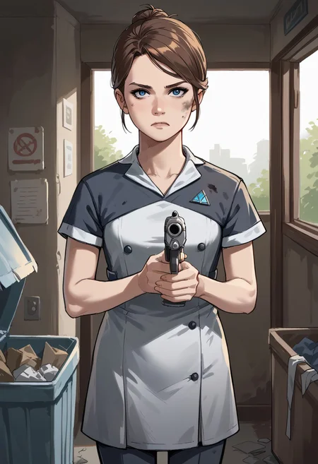 score_9, score_8_up, score_7_up, score_6_up, score_5_up, score_4_up, sketch, 1girl, short hair, brown hair, single hair bun, blue eyes, lips, dress, short sleeves, pants, dirty face, frightened expression, indoors, dingy house, trash, holding gun, aiming, aiming at viewer, finger on trigger,, frown,