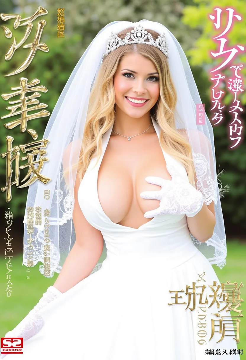 This is a JAV cover image of a nude Caucasian young woman with long, wavy blonde hair, dressed in a white wedding gown with lace gloves. The gown is open at the front, exposing her large breasts. She is wearing a wedding veil and a headpiece. She is smiling and standing outdoors in a garden setting, with greenery and trees in the background. Her pose is suggestive, with one arm across her body, and the other holding the gown, revealing her nudity. Promotional texts and title visible. <lora:JAV_Cover_Flux_V3_-_Extended_V2:0.8>