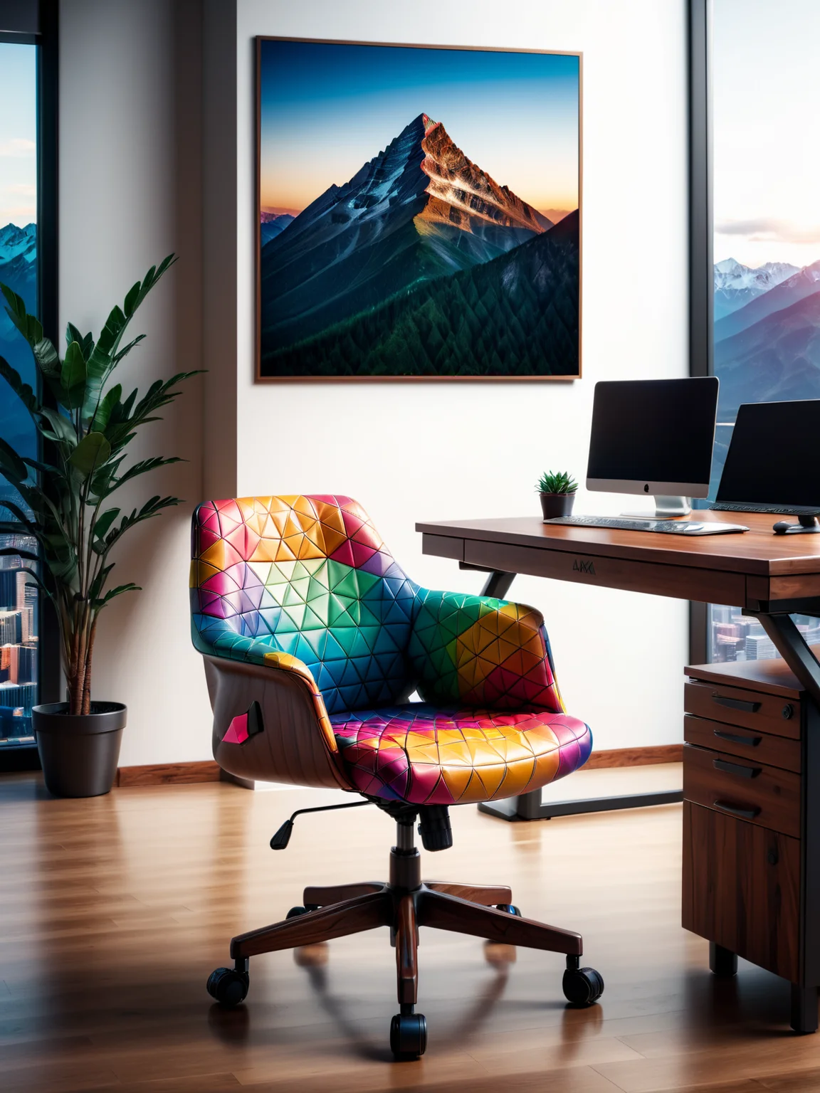 colorful mad-triangle office chair and wooden desk in an expensive office, photograph of a mountain on the wall, cinematic shot <lora:Colorful_Triangle_SDXL_v2:0.8>, raw photo, film grain, Fujifilm XT3, (photorealistic, realistic:1.2), deep shadow, 8k, uhd, dslr, ultra high res