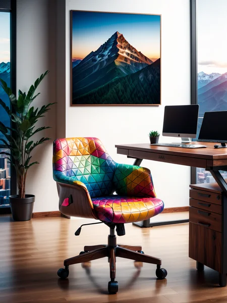 colorful mad-triangle office chair and wooden desk in an expensive office, photograph of a mountain on the wall, cinematic shot  <lora:Colorful_Triangle_SDXL_v2:0.8>, raw photo, film grain, Fujifilm XT3, (photorealistic, realistic:1.2), deep shadow,  8k, uhd, dslr, ultra high res