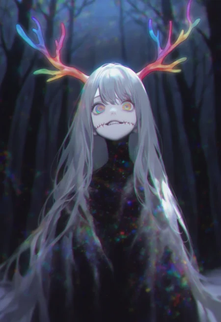 deadpurity,
mouth stitches, abstract colors, monster, theme \(horror\),1girl, solo, long hair, looking at viewer, upper body, grey hair, rainbow eyes, multicolored eyes, antlers, colorful, abstract, depth of field, film grain, chromatic aberration, forest, night, darkness, black theme, @ @,
, masterpiece, best quality, good quality,
<lora:ai_styles_collection_noob_vpred-1.0-v6-edm2-pass:1>