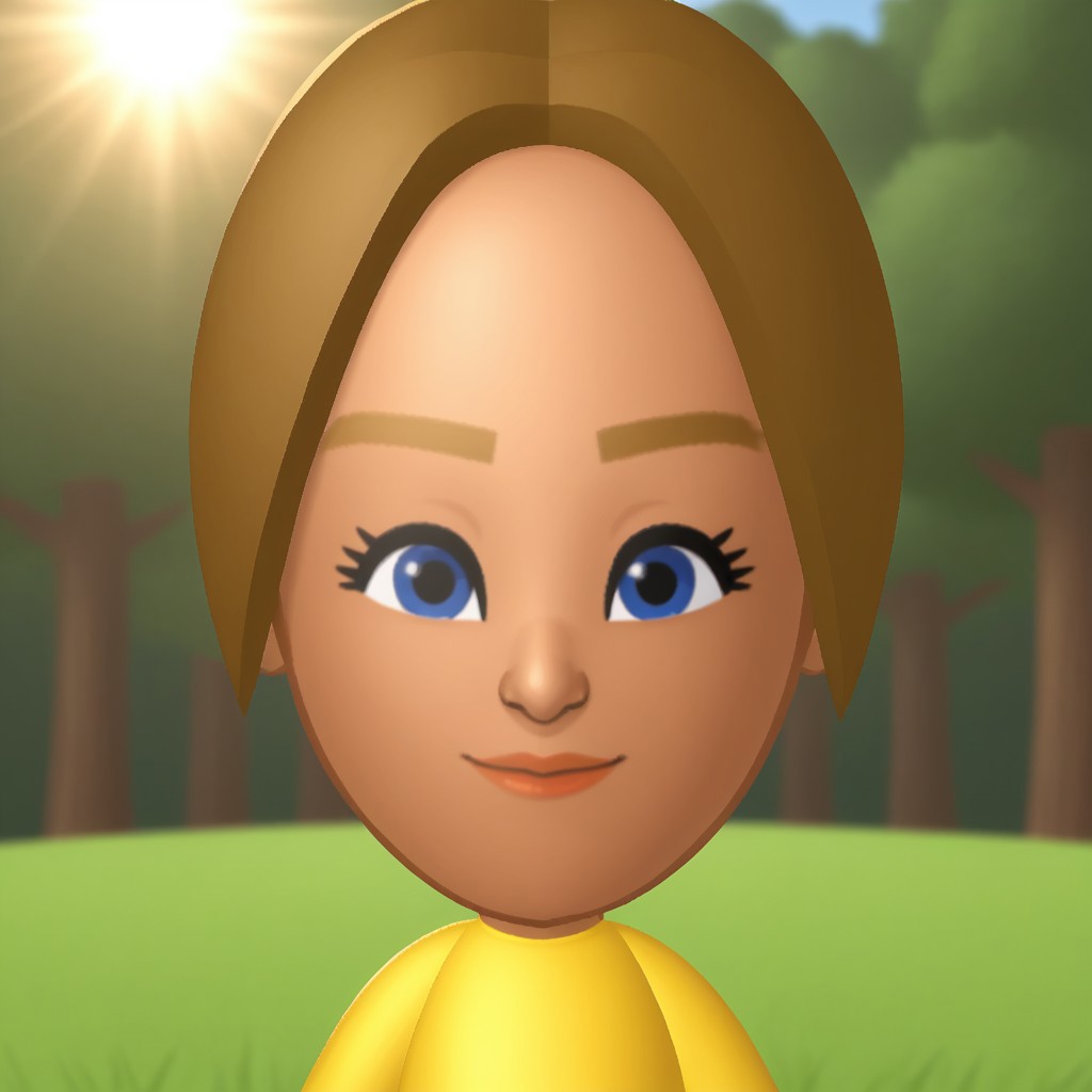score_9, score_8, BREAK, solo, mii, wii, wii sports, 1girl, female mii, cute, dark blonde hair, ponytail, blue eyes, lips, dark skin, yellow clothing, white pants, flip flops, breasts, Mia_(Wii_Sports), Nintendo Mii, modern_mii, classic_mii, dark blonde eyebrows, sexy pose, smile, outdoors, sunlight, shadows, evening lighting, natural lighting, forest, trees, grass, orange sky, sunset