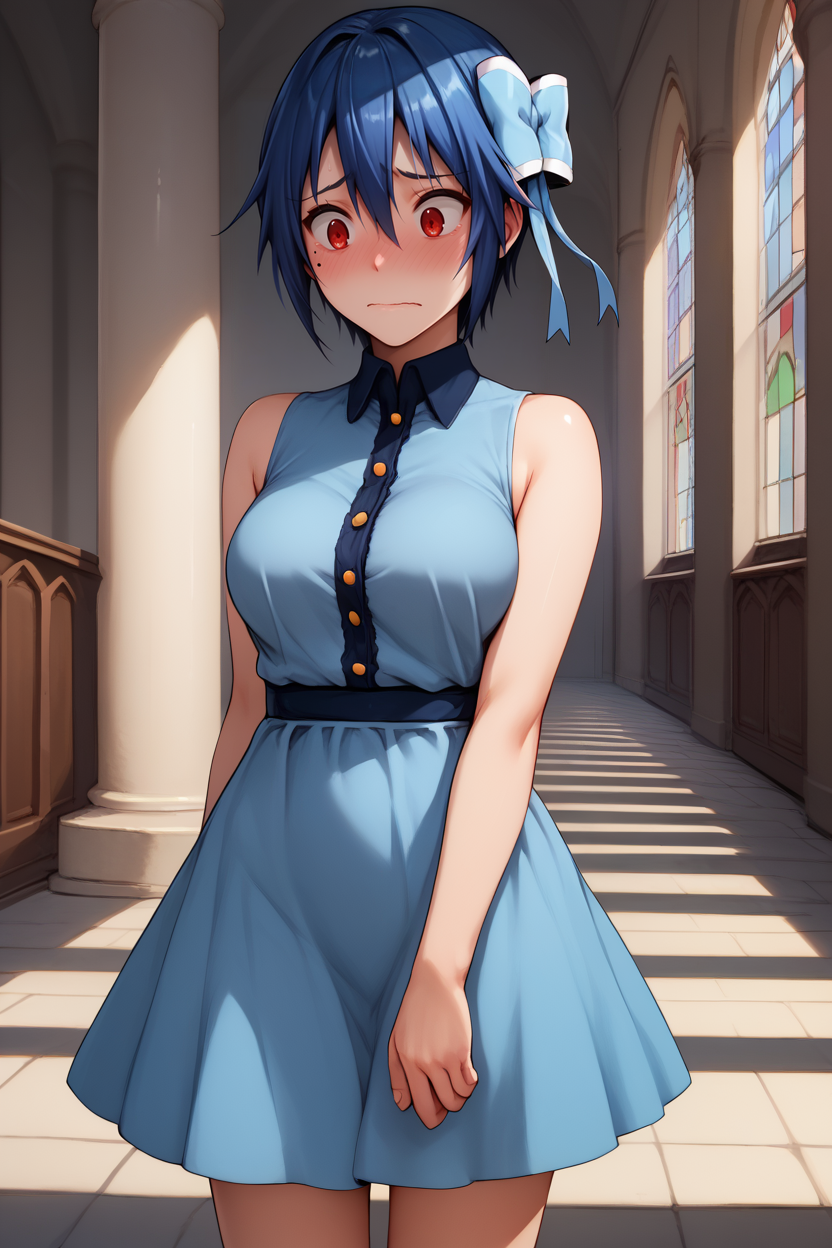 score_9, score_8_up, score_7_up, score_6_up, 1girl BREAK <lora:tsugumi-pdxl-nvwls-v1-000006:1> tsugumi seishirou, mole under eye, blue hair, red eyes, hair bow, sleeveless dress, light blue dress, skirt, mansion, blush, embarrassed, medium breasts