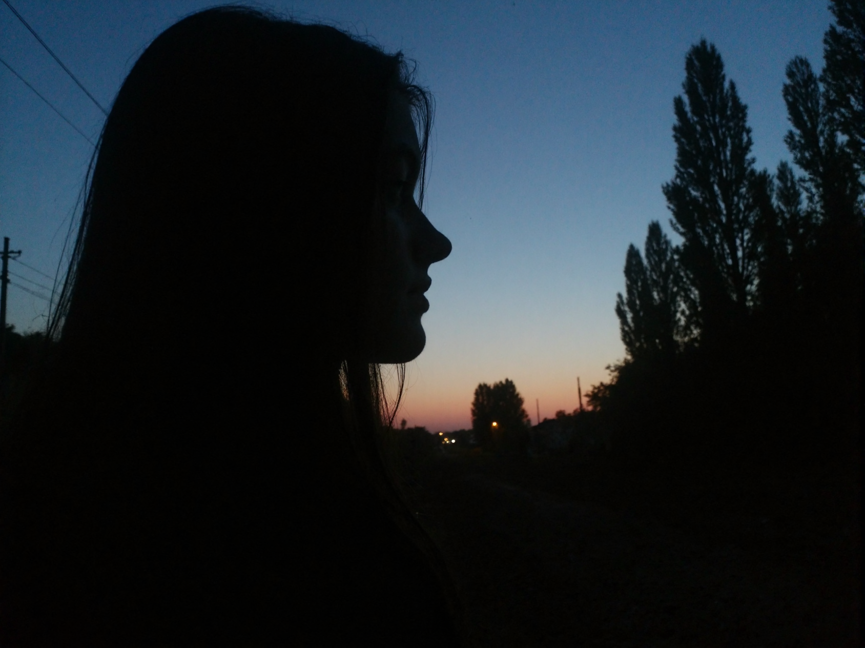 l3n0v0. closeup portrait of teenager girl in profile, from side view angle, her face is dark and facial features almost not visible due to the darkness, black long hair, dark shadowed foreground, her face deeply shadowed and underexposed. underexposed ground elements, dark silhouettes of tall trees against deep blue sky, distant yellow lights scattered in background, twilight atmosphere, dark shadowy landscape, underexposed nighttime scene, minimal ambient lighting, utility infrastructure visible, natural evening lighting conditions, dark foreground elements. amateur quality, candid style