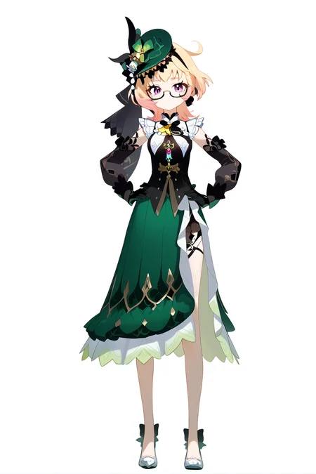 score_9, score_8_up, score_7_up, score_anime, nai3, <lora:YLI 0.1v:0.5>, <lora:style1:0.5>, adult,
8k, best quality, masterpiece, (ultra-detailed), (white background,simple background), solo, (hands on hip:1.1), (full body:1.1), looking at viewer,
<lora:Emilie-pony-Tanger:0.8>, Emilie, default clothes, green dress, 1girl, hat, blonde hair, black gloves, glasses, green headwear, purple eyes, multicolored hair, Split skirt side,