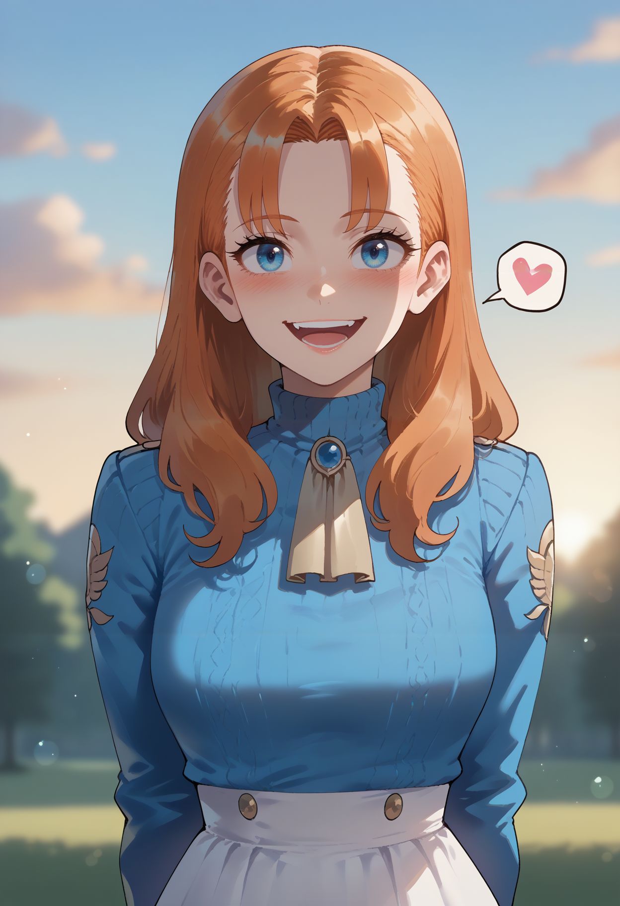 score_9,score_8_up,score_7_up, <lora:nyantcha_style_pdxl_v2_goofy:1> 1girl, annette fantine dominic, orange hair, spoken heart, blue eyes, arms behind back, long hair, open mouth, smile, upper body,  dress, breasts, blurry background, looking at viewer, upper teeth only, sunset, blush, blue sweater, sky, outdoors, garreg mach monastery uniform, cloud,depth of field, bokeh,