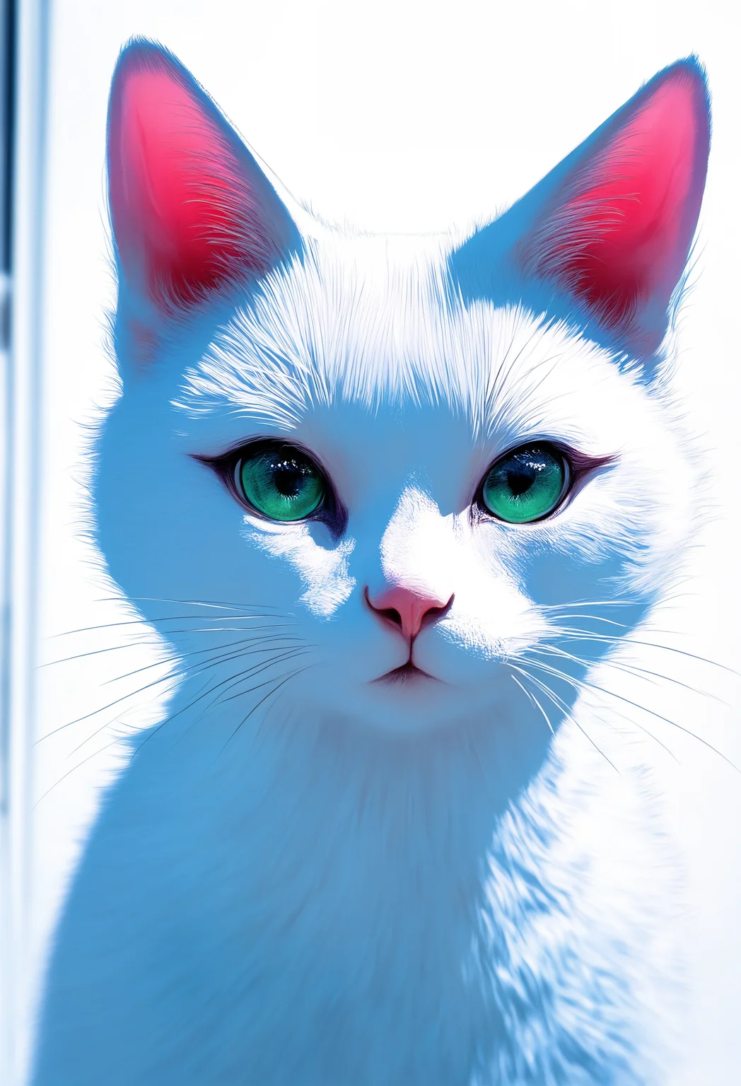masterpiece, best quality, good quality, newest, highres, absurdres,focused subject,8k,HDR, solo, closed mouth, green eyes, no humans, animal, cat, animal focus, whiskers, chromatic aberration, white theme,limited palette,close up,photo (medium),realistic, in the style of cknc,flatline,