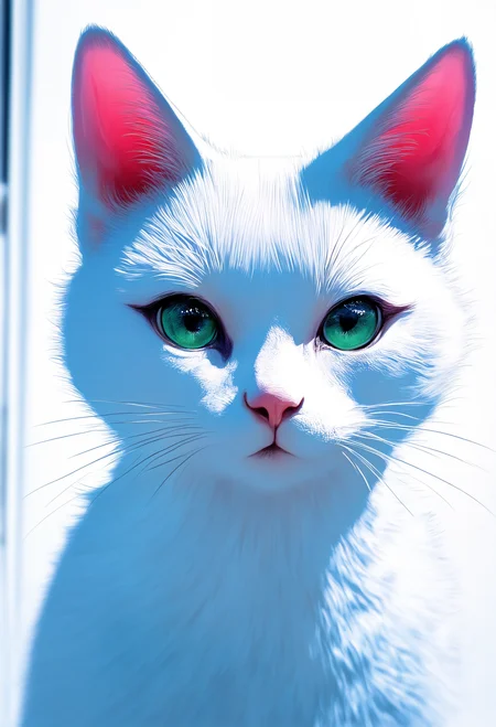masterpiece, best quality, good quality, newest, highres, absurdres,focused subject,8k,HDR, solo, closed mouth, green eyes, no humans, animal, cat, animal focus, whiskers, chromatic aberration, white theme,limited palette,close up,photo (medium),realistic, in the style of cknc,flatline,