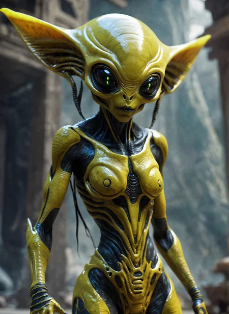 yellow female alien species dancer in an alien temple, highly detailed, torn, dirty <lora:alien-species:1>