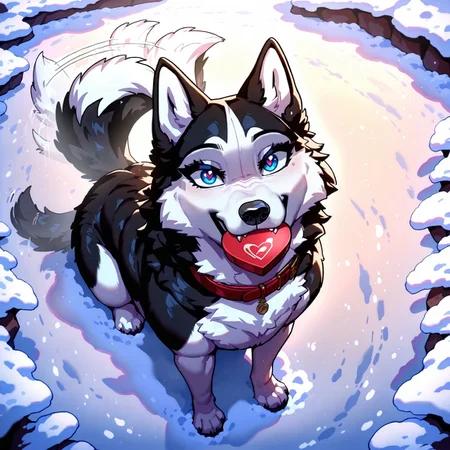 masterpiece, best quality, newest, absurdres, highres, (More Details), (8K), 1dog, female dog, animal husky, feral. black fur, white fur, blue eyes, thick eyelashes, red dog collar, sitting, looking at viewer, heart shape box in mouth, tail wagging, above view, winter, snow,