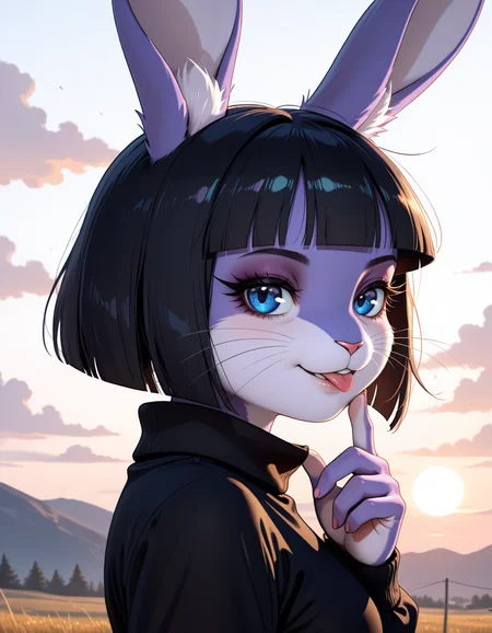 masterpiece, best quality, very aesthetic, absurdres,
outdoors,
upper body, headshot, from side, tongue out,
seductive smile, parted lips, long eyelashes,
<lora:Marlenne_v02_NAIXL:1>
m4rl3nn3,1girl,solo,furry,furry female,rabbit girl,black hair,short hair,blunt bangs,rabbit ears,blue eyes,animal nose,whiskers,body fur,purple fur