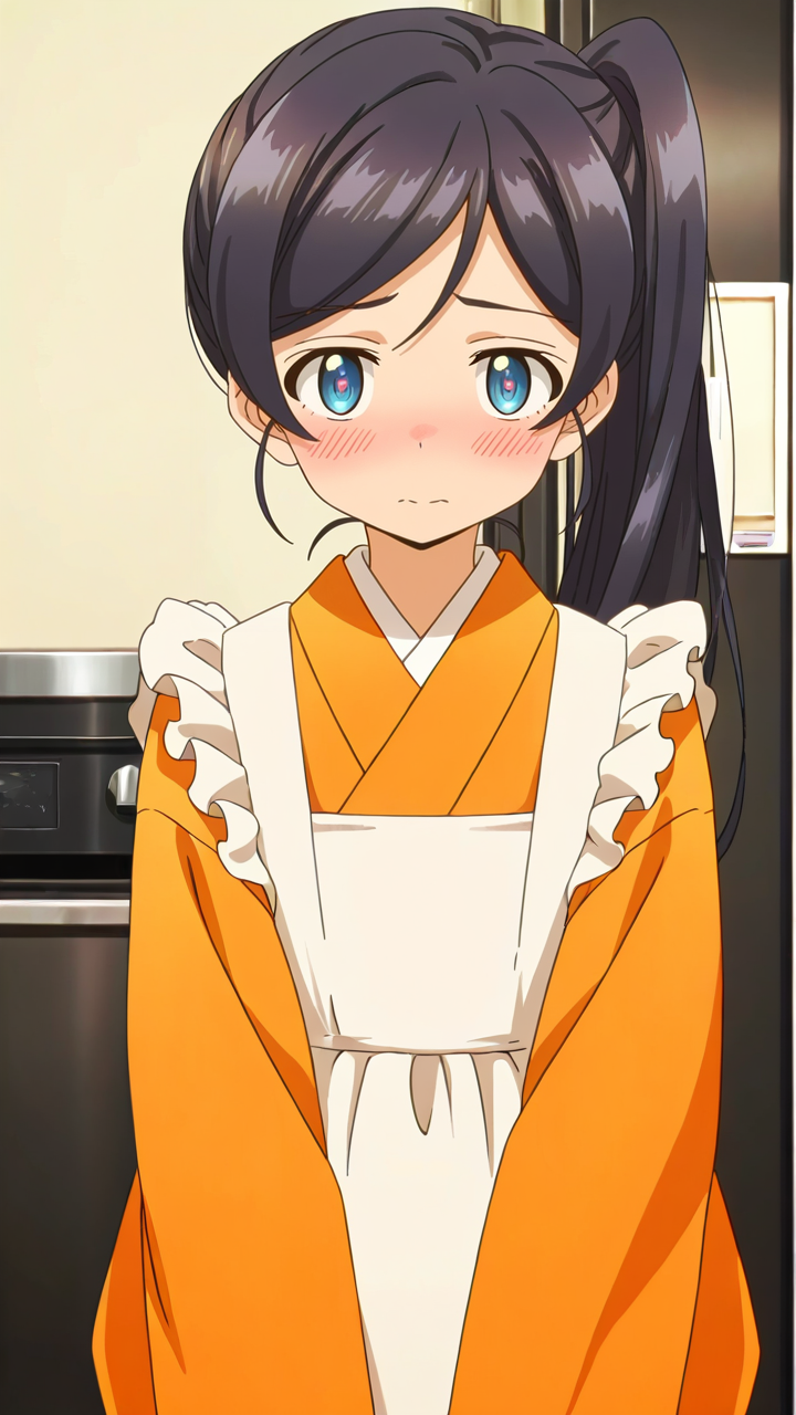 anime screenshot,1girl,blush,full_shot,looking_at_viewer,solo,shy,skinny,Ruri,<lora:Ruri_Illustrious_v1:1>,japanese clothes,kimono,looking_up,kitchen,, masterpiece, best quality