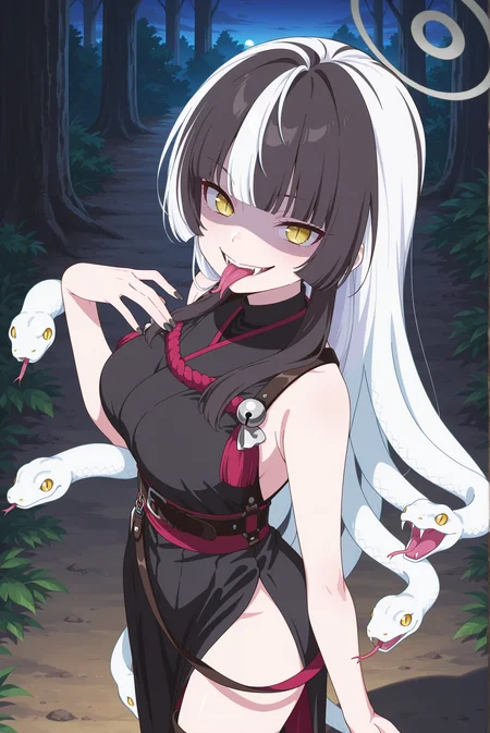 masterpiece, best quality, anime, 2d, 1girl, (anime screencap:1.4), (slender), (large breasts), solo, <lora:BA-Azami-ILXL-V2:1> hobu4z4mi, <lora:anime_screencap:1>
BREAK (black hair, white hair, two-tone hair, streaked hair, long hair, halo, living hair, snake hair, blunt bangs, white snake), outdoors, night,moonlight, forest
BREAK (side slit, black dress, two-tone dress, sleeveless dress, bell, strap, belt, thigh boots, black boots, high heel boots, nail polish, black nails, two-sided fabric, shimenawa, rope),
BREAK (red obi, sash)
BREAK (looking at viewer, cowboy shot, from above, from side:1.4), (yellow eyes, slit pupils, shaded face, evil grin, tongue out, forked tongue, fangs)