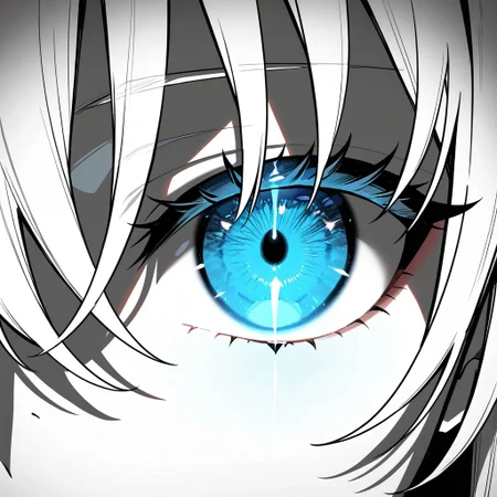 masterpiece, best quality, newest, absurdres, highres, Yukinoshita Yukino, coloured skin, white skin, blue eyes, long hair, close-up, eye focus, glowing, spot color, monochrome, <lora:YahariOreNoSeishunLoveComedy_YukinoshitaYukino_IlluXL:0.9>, glowing, white hair, serious, detailed,