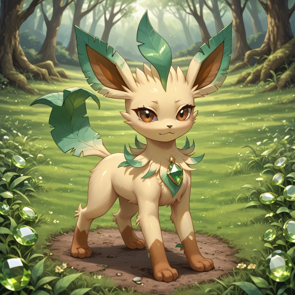 In a gemstone field,outside,hud_per1d0t_wrld, green gemstone, crystal, gem, Brown Eyes,shiny,Leafeon_(Pokemon), body made out of crystals,Light Yellow Fu,rBrown Tipped Hands,solo,female1,look at the viewers,beautiful detail,masterpiece,high-quality,