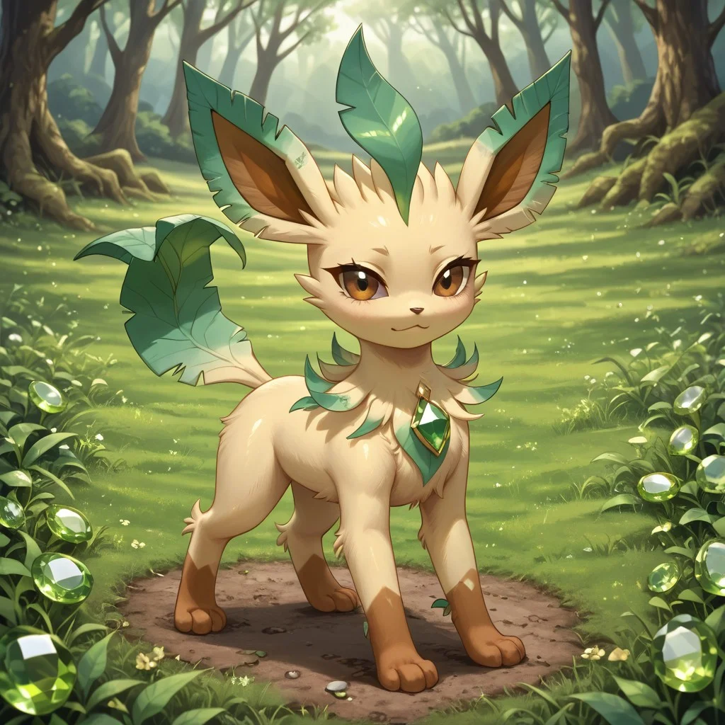 In a gemstone field,outside,hud_per1d0t_wrld, green gemstone, crystal, gem, Brown Eyes,shiny,Leafeon_(Pokemon), body made out of crystals,Light Yellow Fu,rBrown Tipped Hands,solo,female1,look at the viewers,beautiful detail,masterpiece,high-quality,