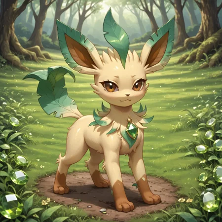 In a gemstone field,outside,hud_per1d0t_wrld, green gemstone, crystal, gem, Brown Eyes,shiny,Leafeon_(Pokemon), body made out of crystals,Light Yellow Fu,rBrown Tipped Hands,solo,female1,look at the viewers,beautiful detail,masterpiece,high-quality,