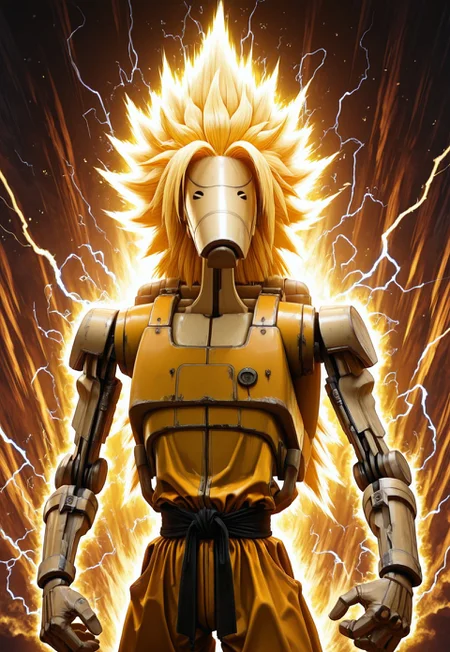 Masterpiece, absurdres, highest quality, highly detailed, newest, 8k, semi-realistic, solo, b1bd, cl4nker, super sayan, ong spiky blonde hair, aura, electricity detailed orange dougi, no humans, dynamic background, detailed background,