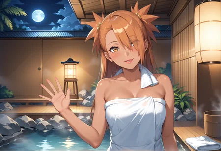 score_9, score_8_up, score_7_up, score_6_up,
rating_safe, source_anime, masterpiece, newest, Highly detailed, 1girl, 1boy, slender, innocent, chocho akimichi, chodef, beautiful face, (dark skin, dark skinned woman), sweat, lip gloss, Mascara, orange hair, two spiky ponytails, head tilt, shy, blush, hair over left eye, wearing towel, asymmetrical perky teardrop-shaped boobs, athletic build, candid shot, upper body, coastline, hot springs, Japanese architecture, indoors, changing room, steam, smoke, lanterns, dim lighting, night, moon, palm tree, wind, realistic shadows, <lora:Akimichi_Chocho_pony_rc4-000008:1>, (happy, cheerful, waving, wrapped in towels, hot springs, greeting, approaching, walking towards viewer)