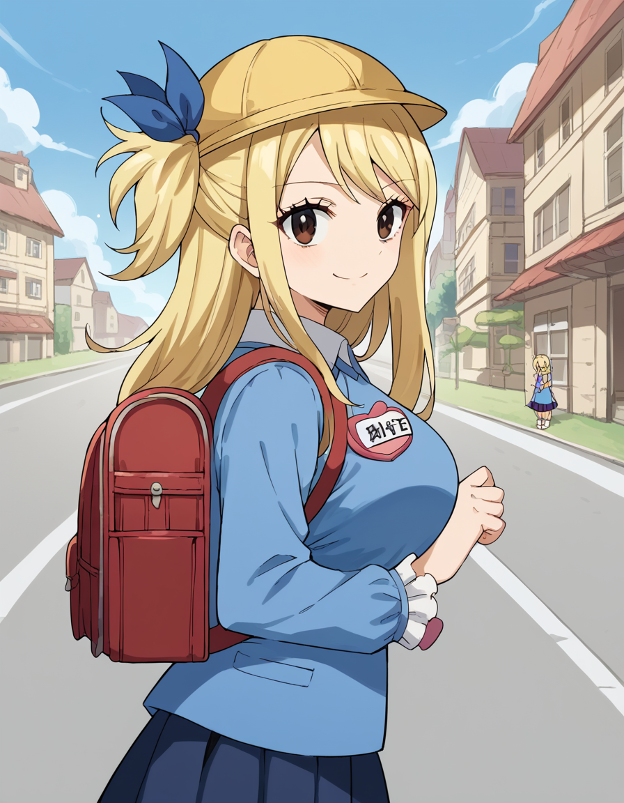 score_9, score_8_up, score_7_up, source_anime, lucyheartfilia, <lora:lucy-heartfilia-s7-ponyxl-lora-nochekaiser:1>, lucy heartfilia, blonde hair, brown eyes, long hair, one side up, ribbon, hair ribbon, blue ribbon, large breasts,, <lora:kindergarten-uniform-ponyxl-lora-nochekaiser:1> kindergarten uniform, school hat, yellow hat, randoseru, backpack, red bag, blue shirt, name tag, skirt, pleated skirt,, smile, street, houses, road, from side, looking at viewer, holding strap, cowboy shot,