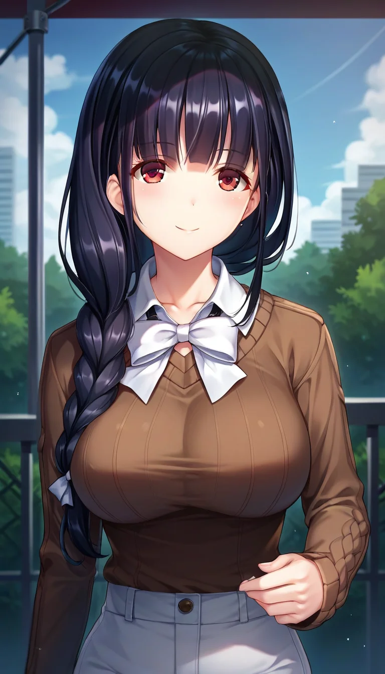 score_9,score_8_up,score_7_up,score_6_up BREAK official art,solo,outdoors,upper body,looking at viewer,facing viewer,smile,blush,Kurose Tokiko,long hair,black hair,shiny hair,single braid,hair bow,white bow,hair ribbon,white ribbon,hair over shoulder,sidelocks,blunt bangs,red eyes,collarbone,brown sweater,aran sweater,ribbed sweater,cable knit,large breasts,long sleeves,white pants,thigh gap,black socks,no shoes,<lora:Kurose Tokiko(zasoo)-Pony:1.2>,