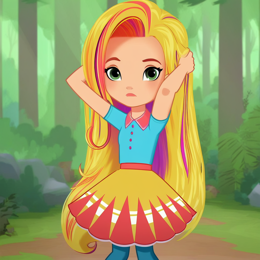 score_9, solo, su_sd, 1girl, long hair, blonde hair, multicolored hair, streaked hair, green eyes, shirt, skirt, pantyhose, forest, looking at viewer, hands in hair