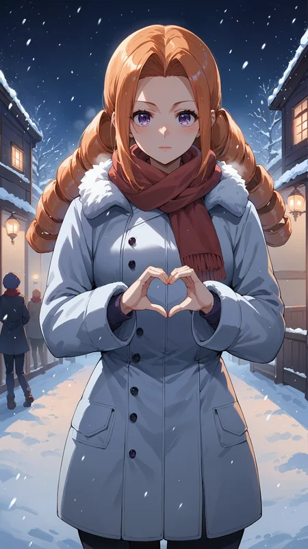 score_9,score_8_up,score_7_up,score_6_up, <lora:xl_more_art-full_v1:0.5>, source_anime, girl, dynamic pose, heart arms, <lora:Sheila Ibarss - Pony:0.8>, long hair, orange hair, purple eyes, drill hair, sidelocks, red scarf, winter coat, snowstorm, snowing, night time, darkness, night,