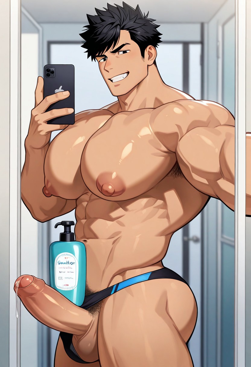 <lora:Shampoo_Challenge_Illustrious:1> masterpiece, best quality, newest, absurdres, 1boy, male focus, solo, sh4mp00_ch4ll3ng3, selfie, smartphone, BREAK
black hair, black eyes, short hair, left side parted hair, swept bangs, tan, speedo, darker penis, side view, [spiky hair], BREAK
muscular male, bodybuilder, large pectorals, (huge pectorals), (puffy nipples), huge nipples, hyper muscle, broad shoulders, hyper pectorals, small waist, BREAK
naked, erection, penis, foreskin, balls, precum, shampoo bottle, object on penis, BREAK
grin, smug, manly, handsome, macho, hunk, masculine, anime, BREAK
indoors, bathroom, day
