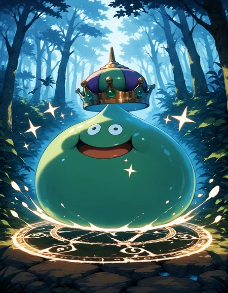 zPDXL3,masterpiece,extreme detailed,<lora:Pony_DetailV2.0:1>,full_body,forest,
BREAK 1other,no humans,king slime,slime (dragon quest),crown,:D,open mouth,<lora:king slime-v4-pony:0.9>,green skin,magic,magic circle,healing,v-shaped eyebrows,doyagao,aura,sparkling aura,