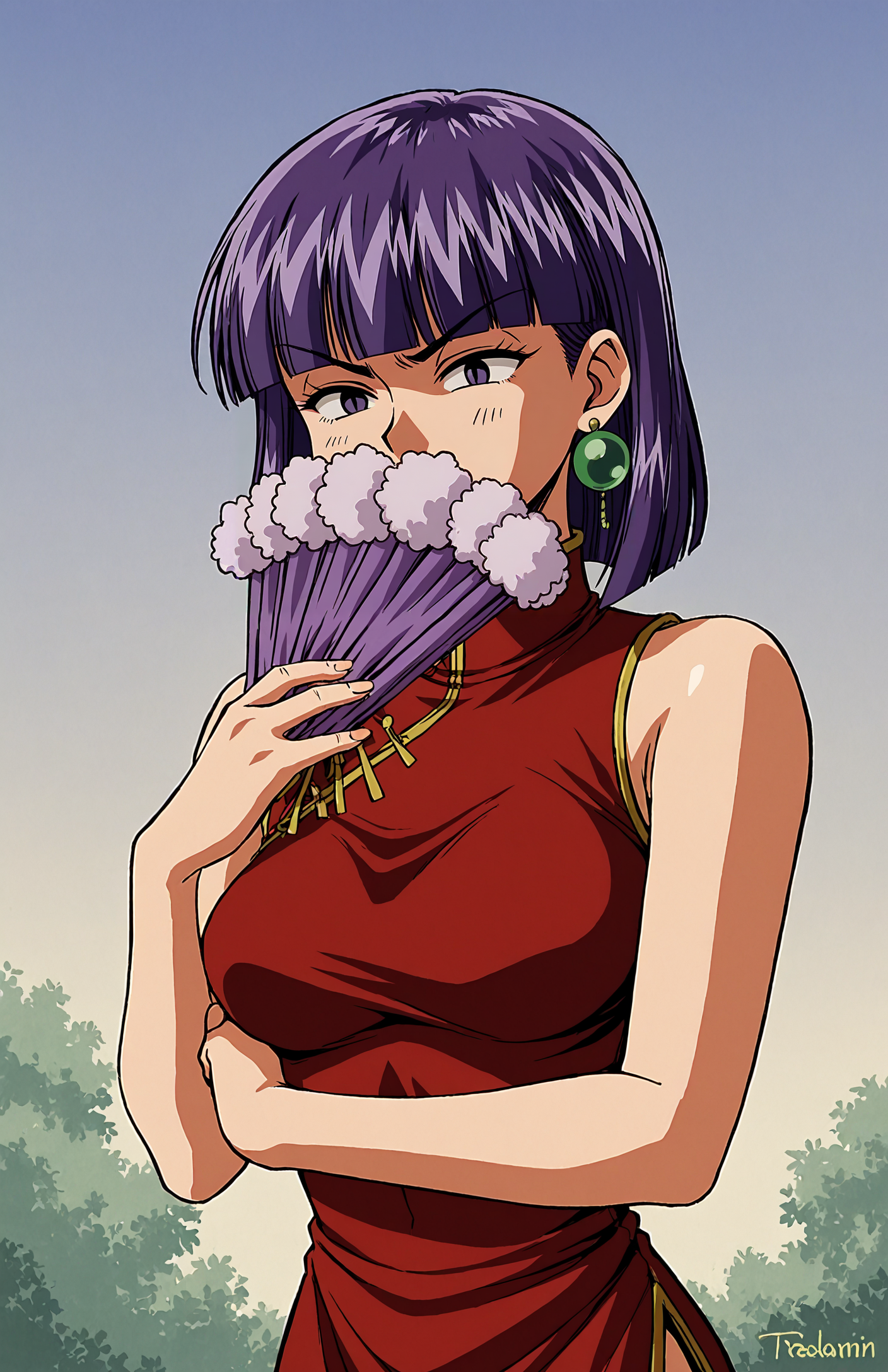 <lora:ê¸°í_Hyper-SDXL-8steps-lora:0.8> <lora:ê¸°í_Fixhands_anime_bdsqlsz_V1:1> score_9, score_8_up, score_7_up, score_6_up, BREAK, source_anime, rating_explicit, masterpiece, zPDXLxxx, <lora:ê¸°í_ëíì¼ë¬_StS_detail_slider_v1:2>
tsxelloss, 1girl, purple hair, china dress, Pointed eyes, half-closed eyes , tsurime, slit eyes, shaded face ,red lips, earring, retro artstyle, medium breasts ,holding fan, angry, closed mouth, <lora:tsxelloss-000006:0.9> , outdoors, simple background,  close-up,  covered own mouth use fan, upper body, arm under breasts,