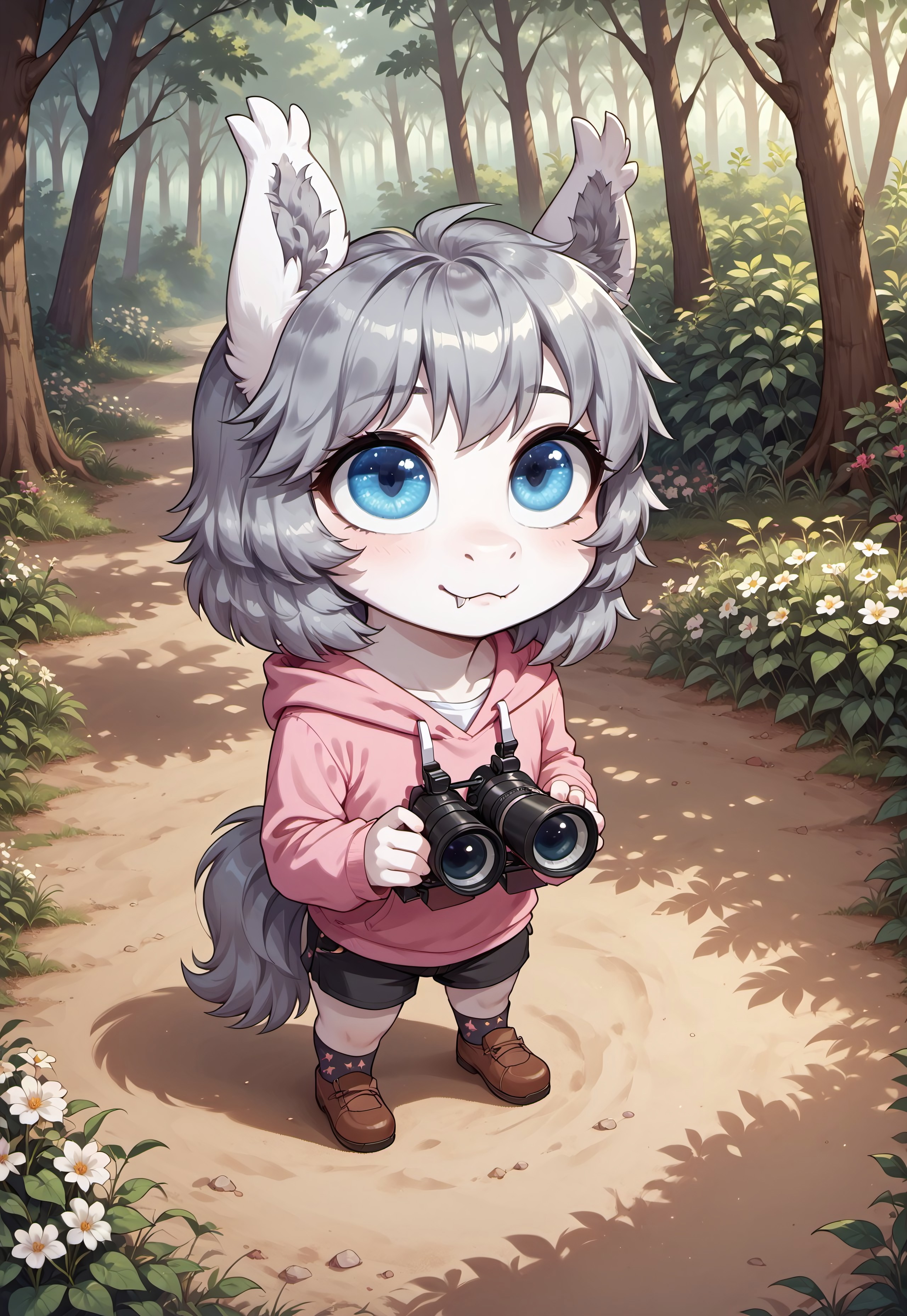 score_9_up, score_8_up, score_7_up, score_6_up, (best quality:1.1), ultra-detailed, high resolution, solo, good_hands BREAK 1boy, Armed_Sage, bat pony oc, mlp, anthro, male, slim, white fur, gray hair, medium hair, fluffy ears, ear fluff, (Beautiful blue eyes:1.3), long eyelashes, (Shy expression, cute face), (big eyes), fangs, flat chest, pink hoodie, black shorts, black patterned socks, brown shoes, (holding binoculars:1.3) BREAK cute, chibi, shingleshadowmeme, meme, (shadow:1.4), wide-eyed, closed mouth, looking up, standing, full body, BREAK outside, forest, nature, forest path, (flowers:1.3), lush vegetation, clearing, trees, leaves, sharp focus, perfect lighting, anatomically correct, extremely detailed, high detail, serene, Expressiveh, detailed background, OverallDetail, zPDXL3