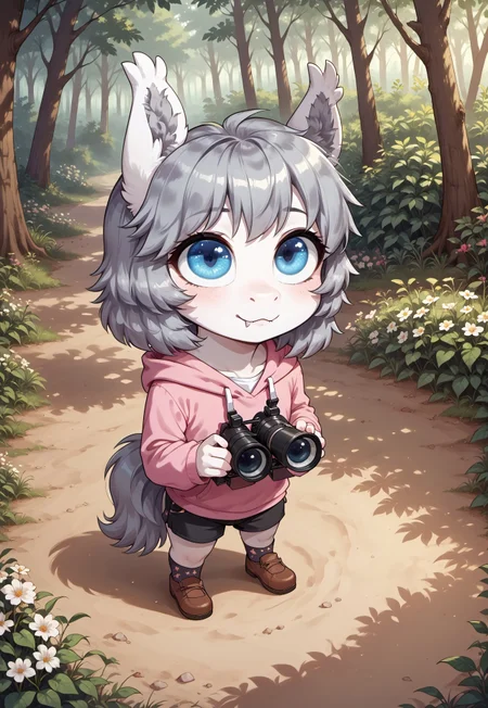 score_9_up, score_8_up, score_7_up, score_6_up, (best quality:1.1), ultra-detailed, high resolution, solo, good_hands BREAK 1boy, Armed_Sage, bat pony oc, mlp, anthro, male, slim, white fur, gray hair, medium hair, fluffy ears, ear fluff, (Beautiful blue eyes:1.3), long eyelashes, (Shy expression, cute face), (big eyes), fangs, flat chest, pink hoodie, black shorts, black patterned socks, brown shoes, (holding binoculars:1.3) BREAK cute, chibi, shingleshadowmeme, meme, (shadow:1.4), wide-eyed, closed mouth, looking up, standing, full body, BREAK outside, forest, nature, forest path, (flowers:1.3), lush vegetation, clearing, trees, leaves, sharp focus, perfect lighting, anatomically correct, extremely detailed, high detail, serene, Expressiveh, detailed background, OverallDetail, zPDXL3